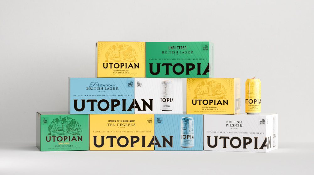 Utopian beer boxes and cans