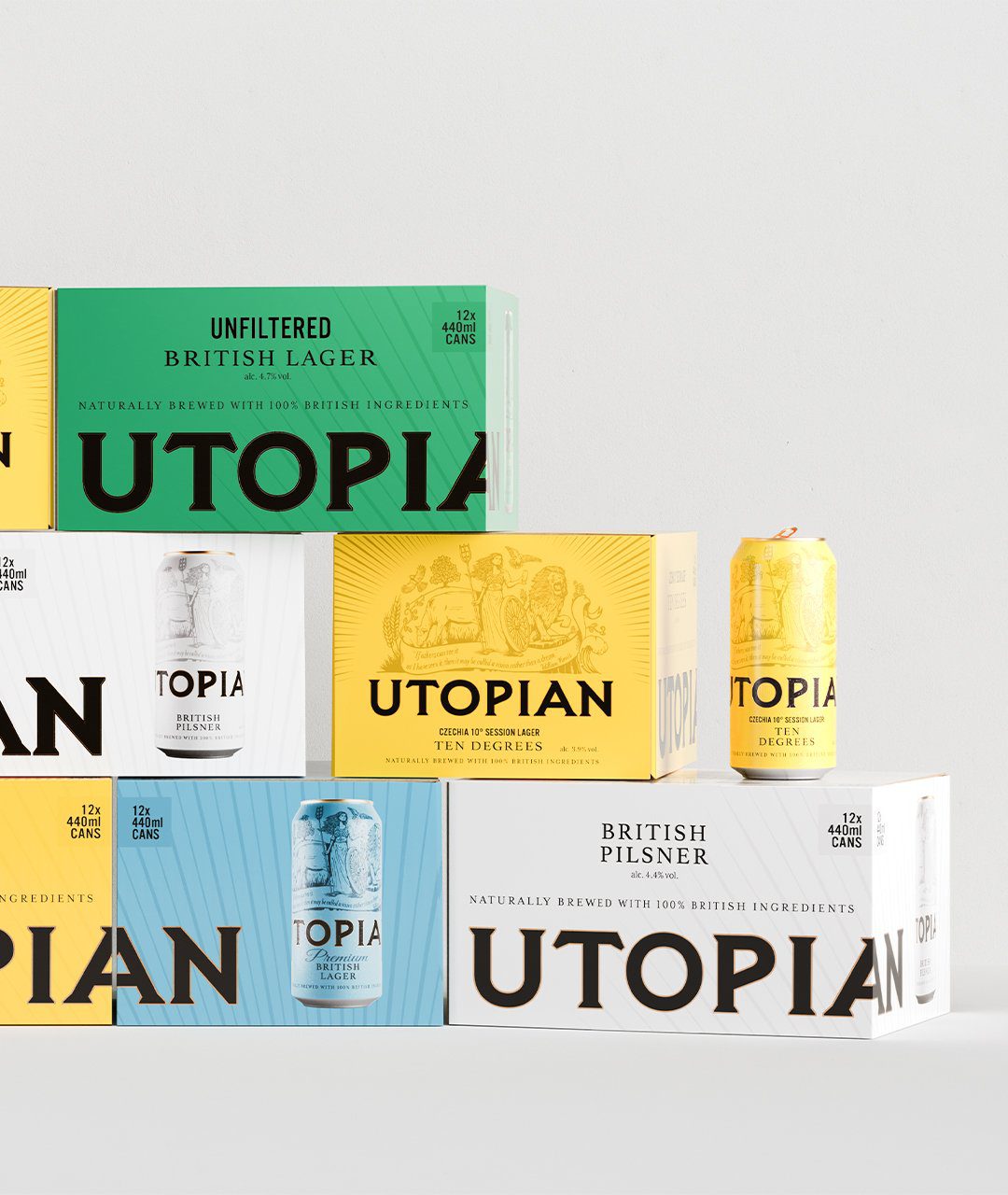 Utopian beer boxes and cans