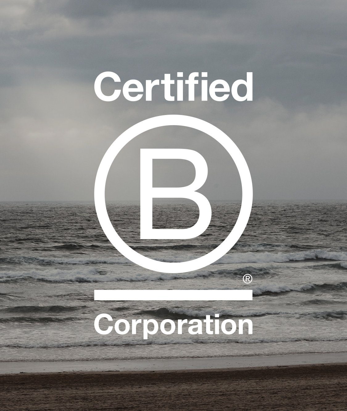 B corp logo over cornish sea image by Kingdom & Sparrow
