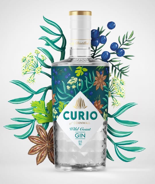 Curio premium gin branding botanical illustrations