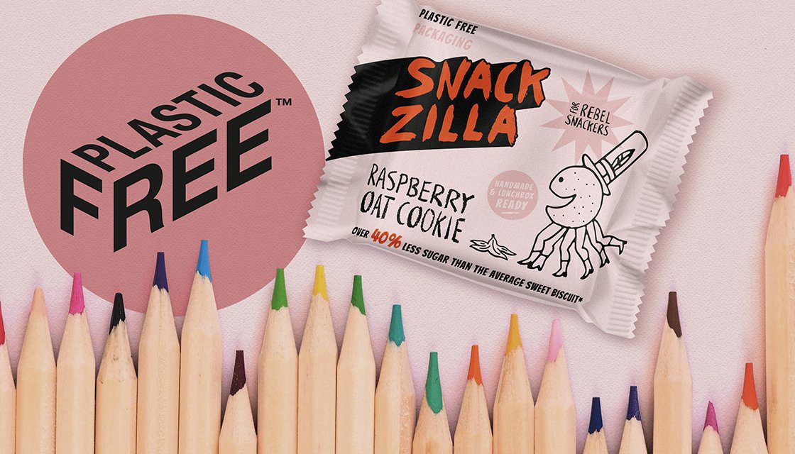 Snackzilla plastic free packaging oat cookie branding Kingdom & Sparrow