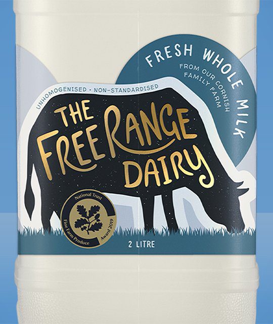 The Free Range Dairy rebrand whole milk bottle label