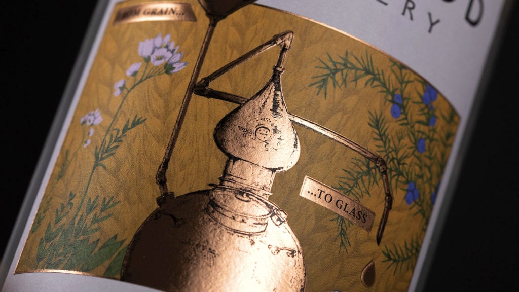 Weetwood spirits branding by Kingdom & Sparrow copper still illustration label